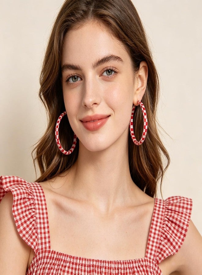 Hremhoo Checker Big Hoop Earrings for Women Large Red Checkered Hoop Earrings Trendy Statement Checkerboard Style Earring Dainty Red and White Checkered Hoops Earring - Image 3