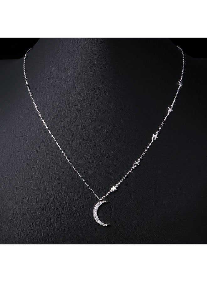 Ladytree ATHENAA S925 Sterling Silver Crescent Moon and Star Jewelry CZ Pendant Necklace,Rolo Chain,18 inches to 20 inches - Image 2