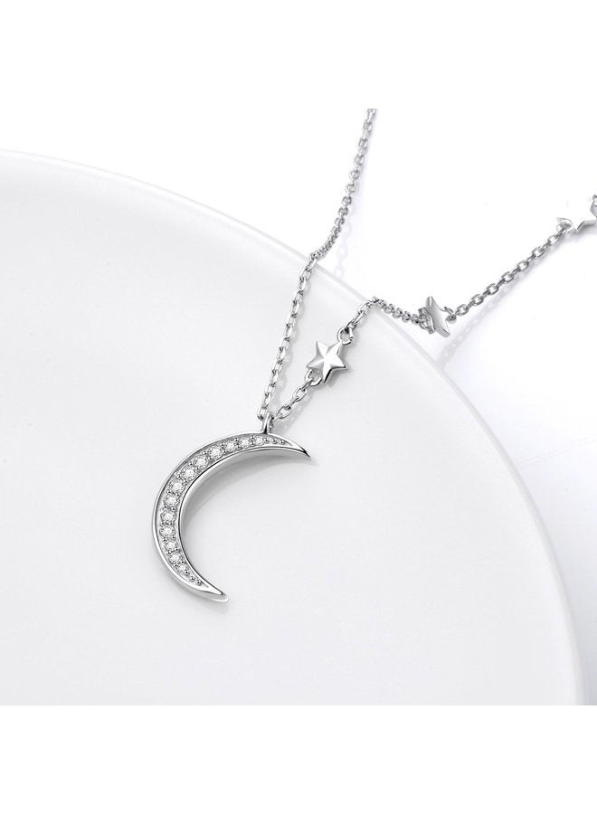 Ladytree ATHENAA S925 Sterling Silver Crescent Moon and Star Jewelry CZ Pendant Necklace,Rolo Chain,18 inches to 20 inches - Image 4