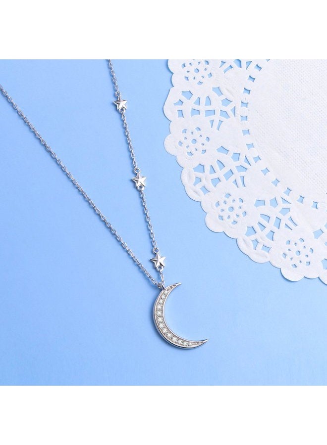 Ladytree ATHENAA S925 Sterling Silver Crescent Moon and Star Jewelry CZ Pendant Necklace,Rolo Chain,18 inches to 20 inches - Image 3