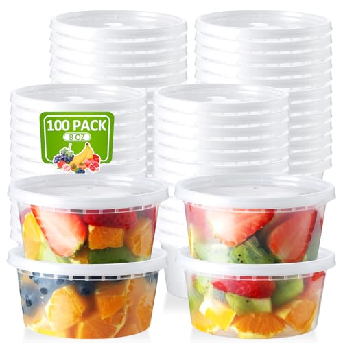 NEEBAKE 100 Set 8 oz Deli-Containers-with-Lids-Airtight-Plastic-Food-Storage-Containers-with-Lids-Soup-Slime-Overnight-Oat-To-Go-Containers - Image 1
