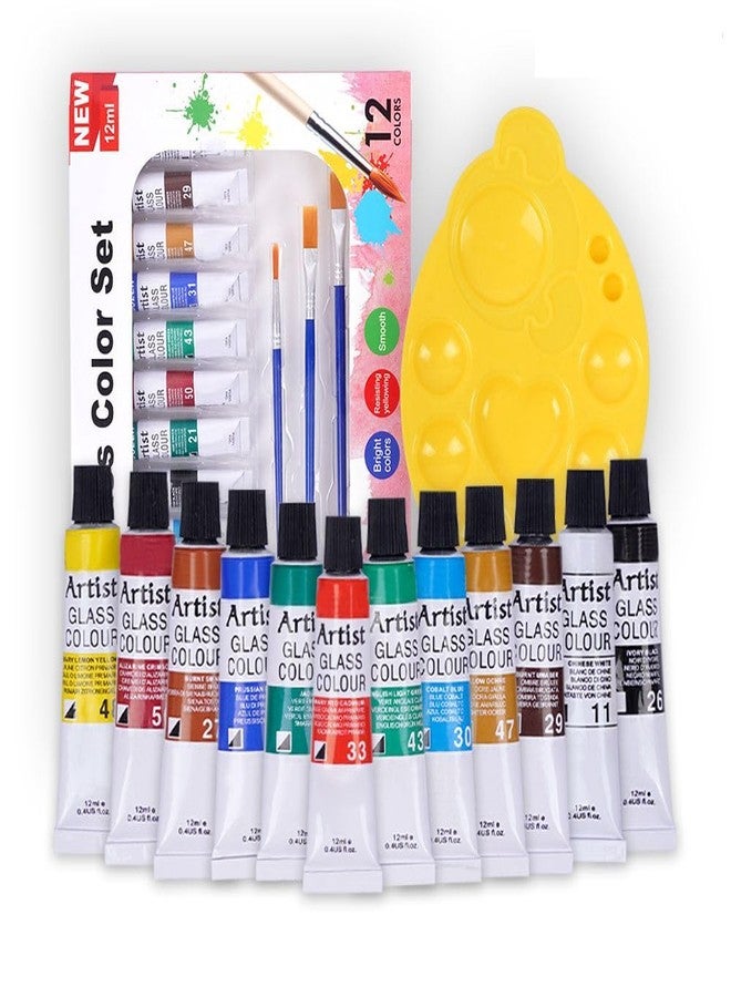 Parssufy Glass Paint Set - (12 colors x 12 ml) Multicolour Non-Toxic Paint Tubes with Mixing Palette & 4 Brushes for Artists, Beginners - Kit for Art & Craft, Drawing, Canvas, Painting, Poster(Glass paint set with Brushes & Palette) - Image 1
