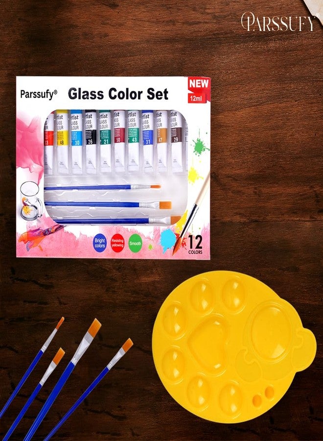 Parssufy Glass Paint Set - (12 colors x 12 ml) Multicolour Non-Toxic Paint Tubes with Mixing Palette & 4 Brushes for Artists, Beginners - Kit for Art & Craft, Drawing, Canvas, Painting, Poster(Glass paint set with Brushes & Palette) - Image 2