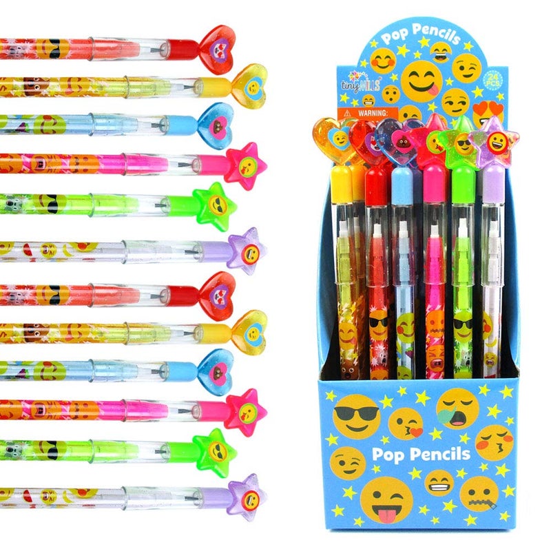 TINYMILLS Tiny Mills 24 Pcs Emoji Multi Point Stackable Push Pencil Assortment with Eraser for Emoji Birthday Party Favor Prize Carnival Goodie Bag Stuffers Classroom Rewards Pinata Fillers  - Image 1