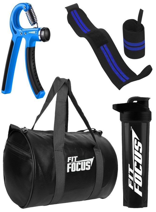FIT FOCUS Gym Set with Duffle Bag, Hand Grip, Wrist Wraps, Protein Shaker Bottle|New 2025 Gym Combo Pack of 4 for Daily use Essential Products (Blue) - Image 1