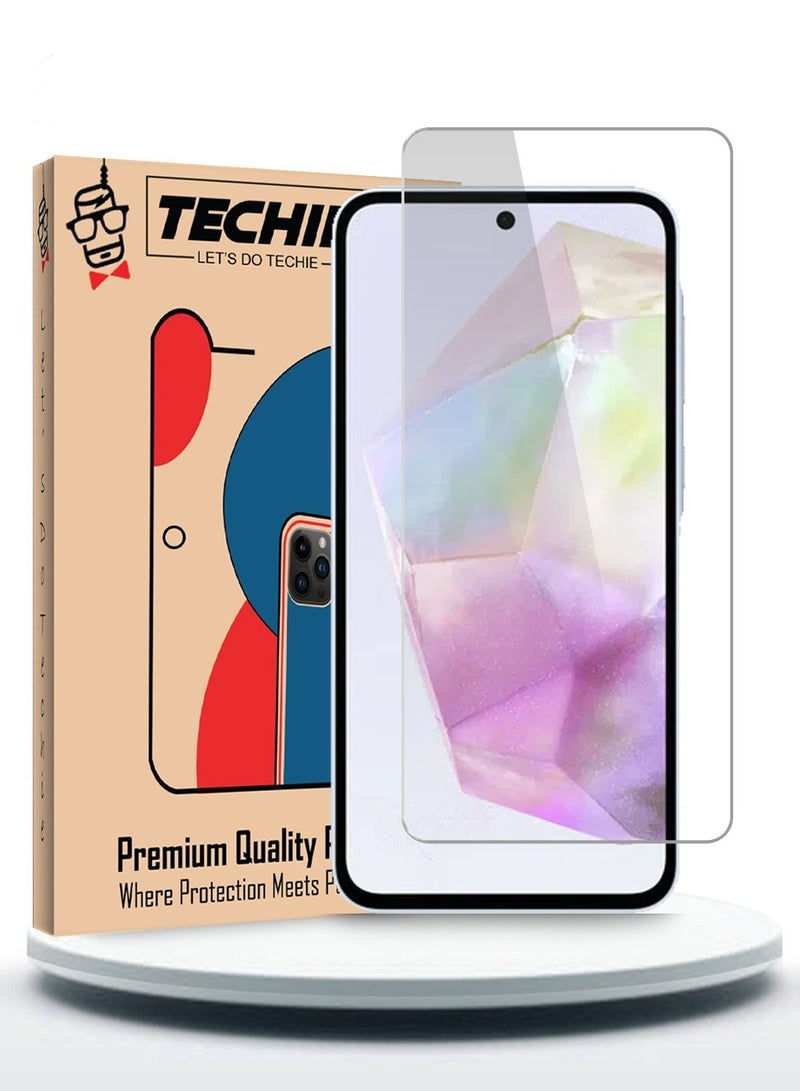Techie HD Tempered Glass Screen Protector for Samsung Galaxy A35 - Anti Reflection Anti Bubbles 9H Hardness 0.33 mm Rounded Edges Easy Installation - Image 1