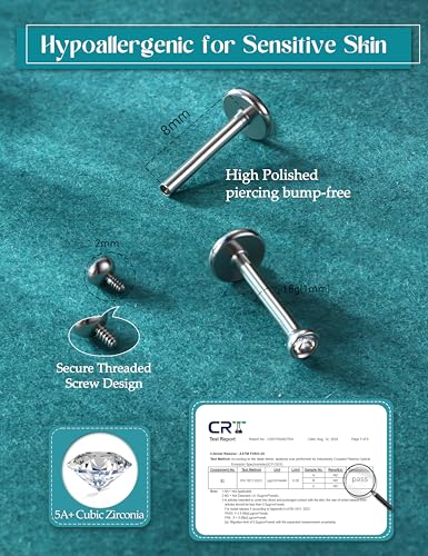 ORAZIO Silver Flat Back Stud Earrings, 18G 316L Surgical Steel Internal Thread CZ Studs Hypoallergenic Conch Cartilage Helix Tragus Piercing Jewelry Lip Labret Medusa Nose Studs for Women Men S 8 - Image 3