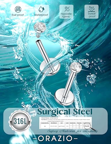 ORAZIO Silver Flat Back Stud Earrings, 18G 316L Surgical Steel Internal Thread CZ Studs Hypoallergenic Conch Cartilage Helix Tragus Piercing Jewelry Lip Labret Medusa Nose Studs for Women Men S 8 - Image 4
