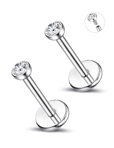 ORAZIO Silver Flat Back Stud Earrings, 18G 316L Surgical Steel Internal Thread CZ Studs Hypoallergenic Conch Cartilage Helix Tragus Piercing Jewelry Lip Labret Medusa Nose Studs for Women Men S 8 - Image 1