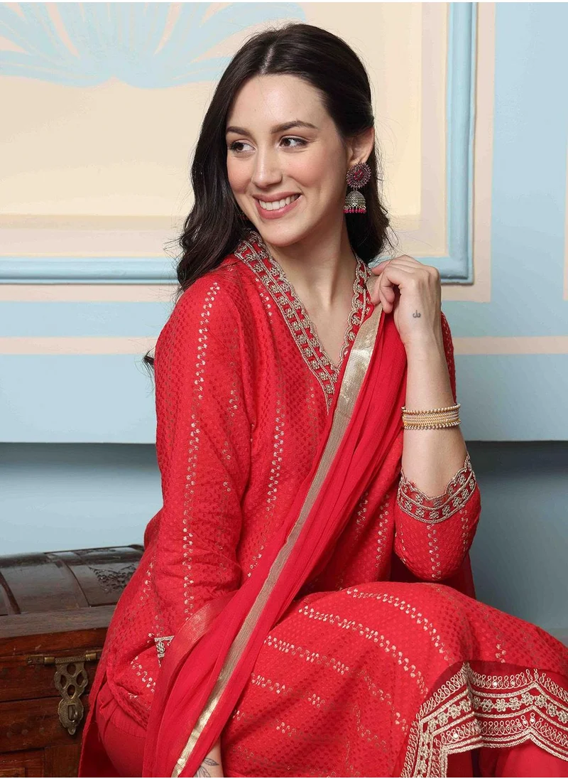 آي شين Women Red Cotton Kurta set with Dupatta