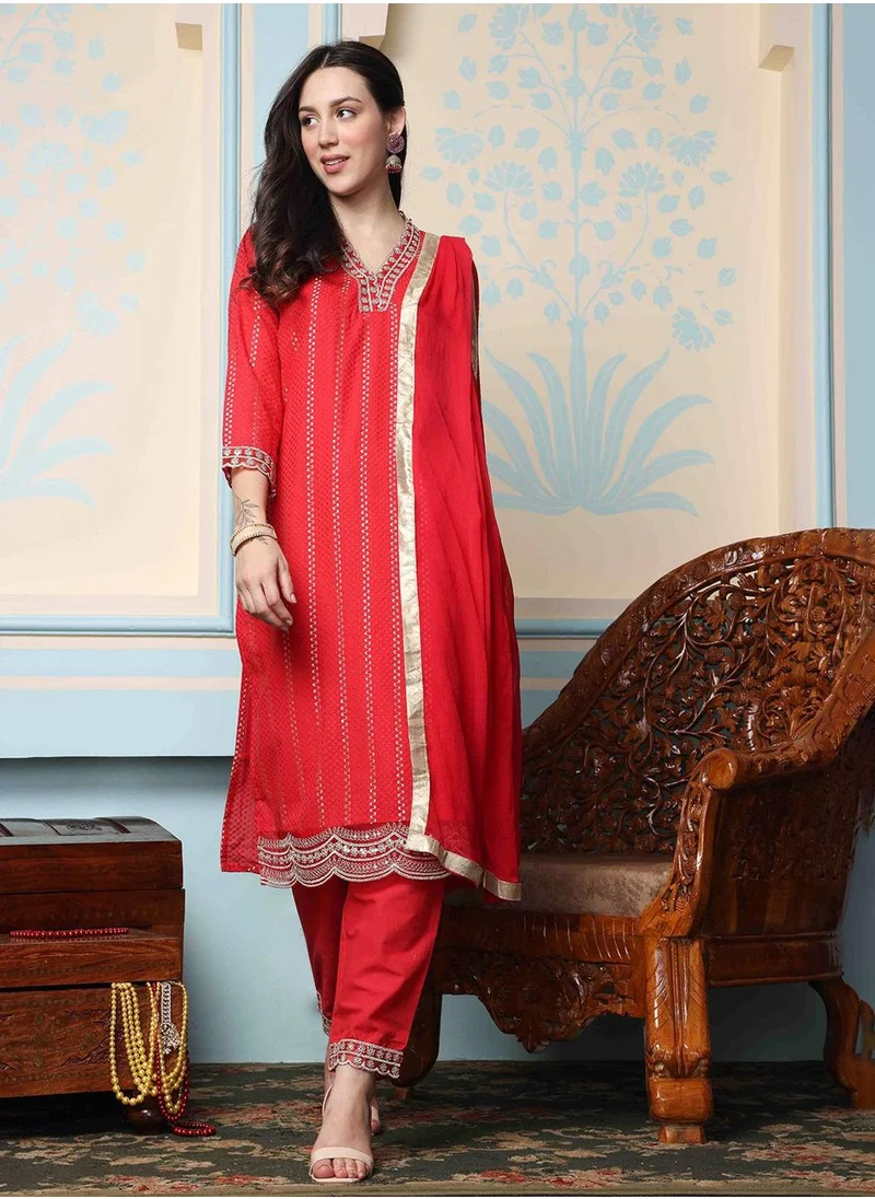 آي شين Women Red Cotton Kurta set with Dupatta