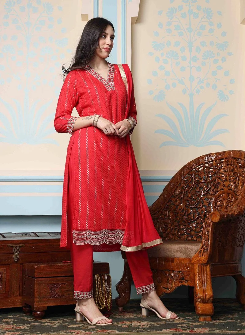 ISHIN Women's Red 100% Cotton Embellished Tunic Full Length Casual Straight Fit Kurta Set
