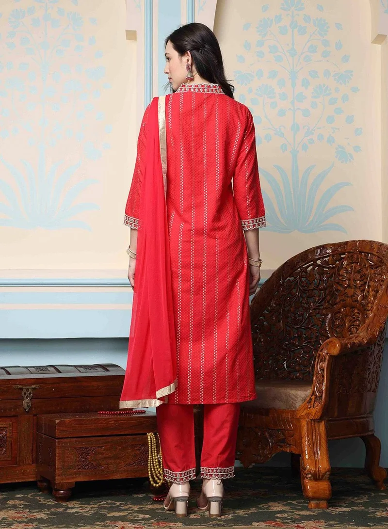 ISHIN Women's Red 100% Cotton Embellished Tunic Full Length Casual Straight Fit Kurta Set
