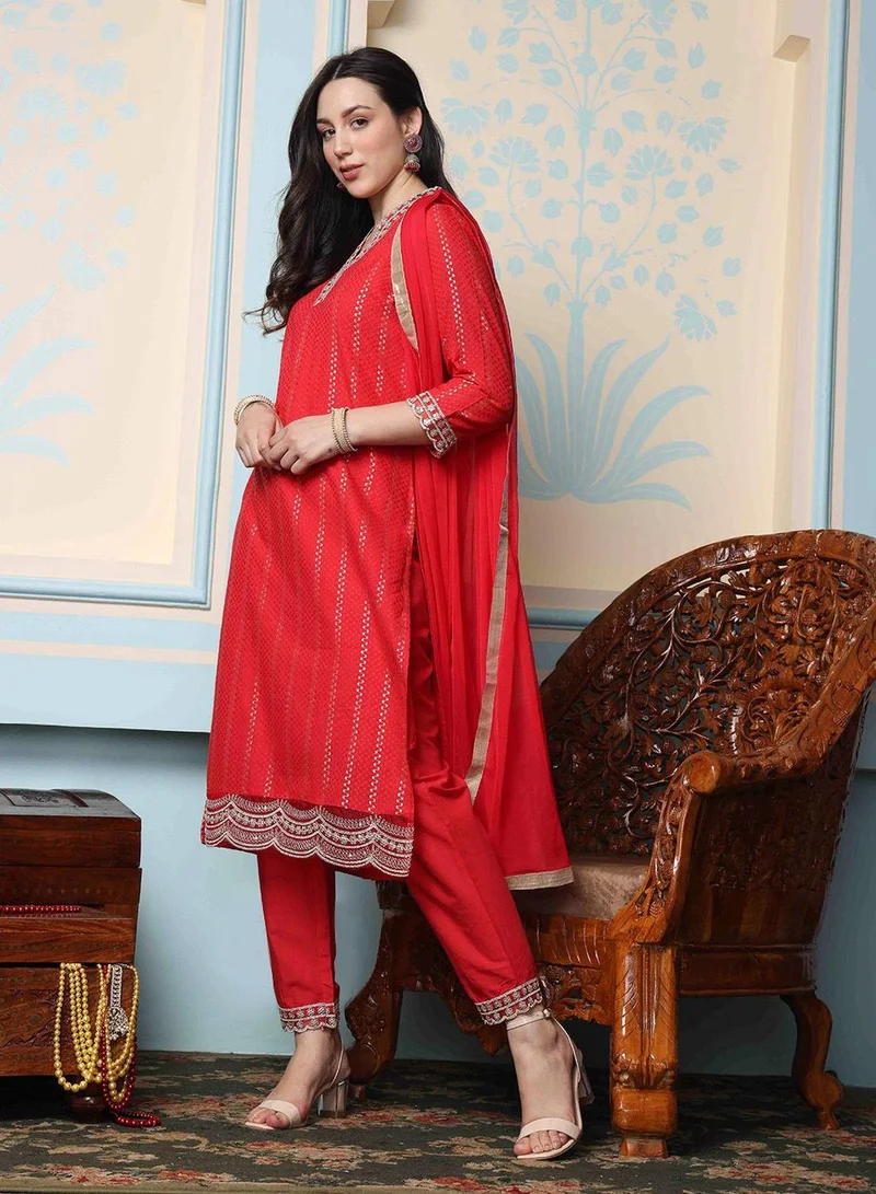 ISHIN Women's Red 100% Cotton Embellished Tunic Full Length Casual Straight Fit Kurta Set