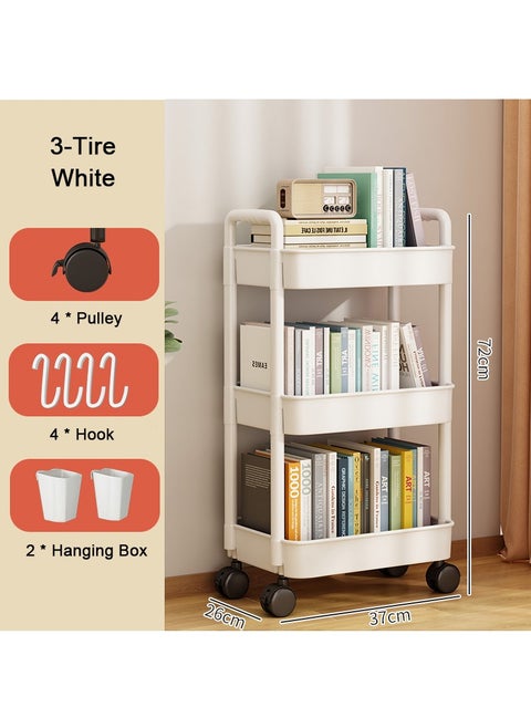 3 Tier Stackable Rolling Utility Cart Organizer, Multipurpose Organizer Trolley for Kitchen, Bedroom, Bathroom, Office, Laundry Room (White)