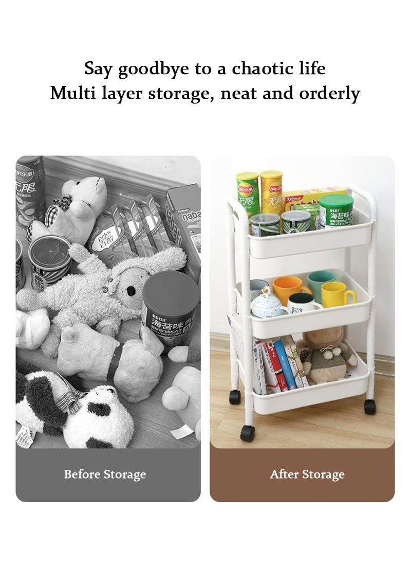 3 Tier Stackable Rolling Utility Cart Organizer, Multipurpose Organizer Trolley for Kitchen, Bedroom, Bathroom, Office, Laundry Room (White)