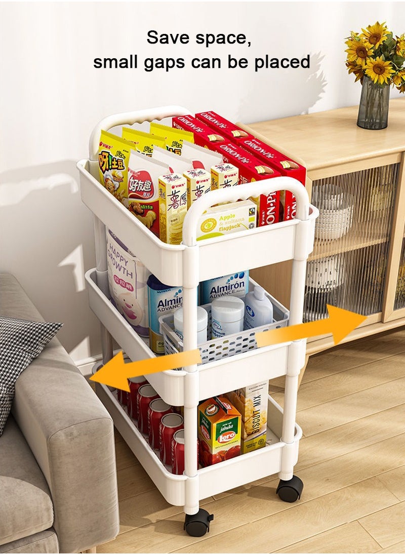 3 Tier Stackable Rolling Utility Cart Organizer, Multipurpose Organizer Trolley for Kitchen, Bedroom, Bathroom, Office, Laundry Room (White)