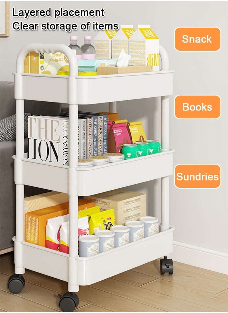 3 Tier Stackable Rolling Utility Cart Organizer, Multipurpose Organizer Trolley for Kitchen, Bedroom, Bathroom, Office, Laundry Room (White)