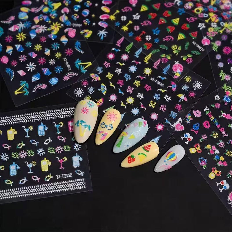 SPLOCUDU 30 Sheets Colorful Flower Nail Art Stickers Cute Kids Nail Stickers for Nail Art, 3D Self-Adhesive Colorful Ocean Glitter Floral Fruit Heart Decals for Women and Girl Manicure Decoration Accessories - Image 3