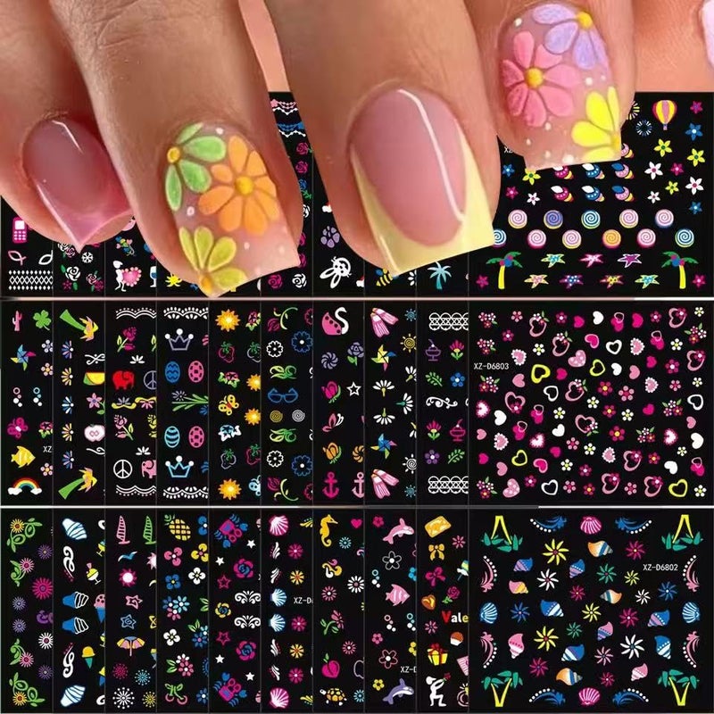 SPLOCUDU 30 Sheets Colorful Flower Nail Art Stickers Cute Kids Nail Stickers for Nail Art, 3D Self-Adhesive Colorful Ocean Glitter Floral Fruit Heart Decals for Women and Girl Manicure Decoration Accessories - Image 5
