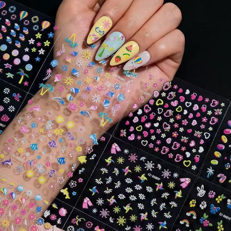 SPLOCUDU 30 Sheets Colorful Flower Nail Art Stickers Cute Kids Nail Stickers for Nail Art, 3D Self-Adhesive Colorful Ocean Glitter Floral Fruit Heart Decals for Women and Girl Manicure Decoration Accessories - Image 2
