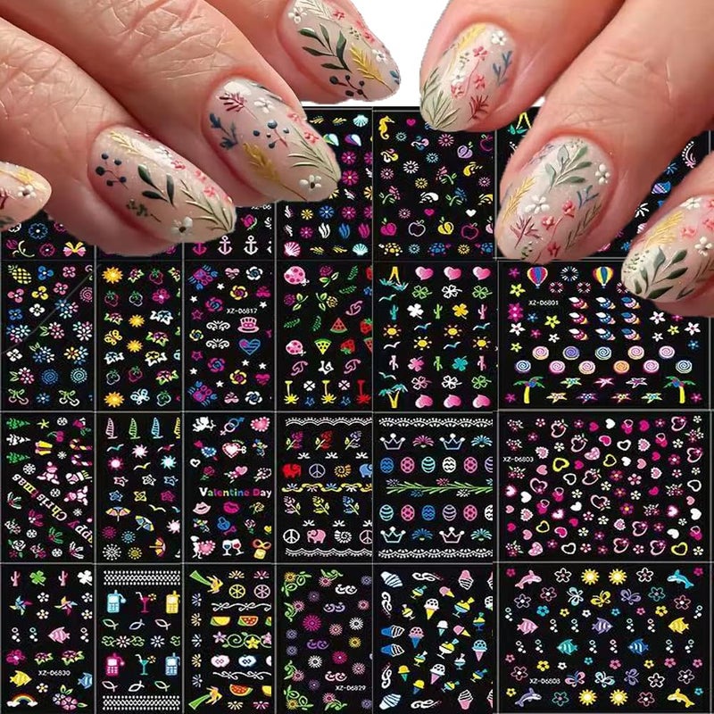 SPLOCUDU 30 Sheets Colorful Flower Nail Art Stickers Cute Kids Nail Stickers for Nail Art, 3D Self-Adhesive Colorful Ocean Glitter Floral Fruit Heart Decals for Women and Girl Manicure Decoration Accessories - Image 1