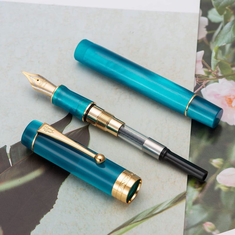 Lanxivi Jinhao Classic Fountain Pen Peacock Blue Celluloid, Medium Nib with Conveter and Pen Case Set - Image 3