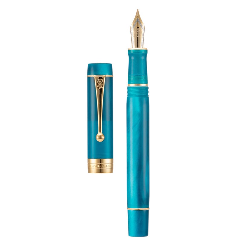 Lanxivi Jinhao Classic Fountain Pen Peacock Blue Celluloid, Medium Nib with Conveter and Pen Case Set - Image 1