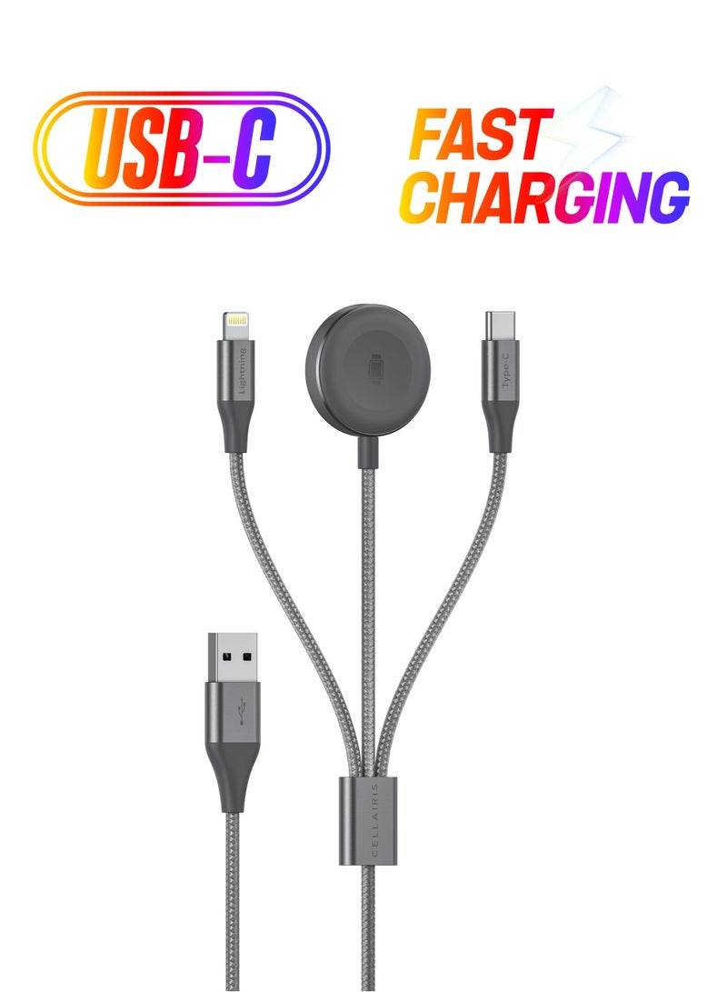 Cellairis Premium Nylon Cable 3in1 1.5M with Watch Charger - Grey - Image 1