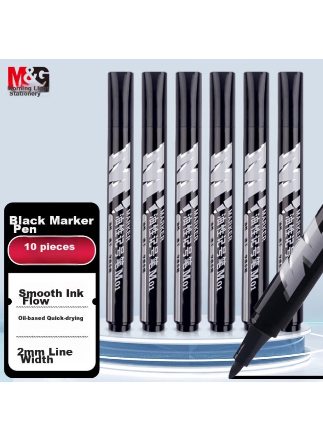 ام اند جي M&g Stationery، قلم ماركر أسود سميك الرأس، قلم زيتي مقاوم للماء، قلم كبير الرأس، لوازم مكتبية، 10 أقلام/علبة، Apmy2204 - Image 1