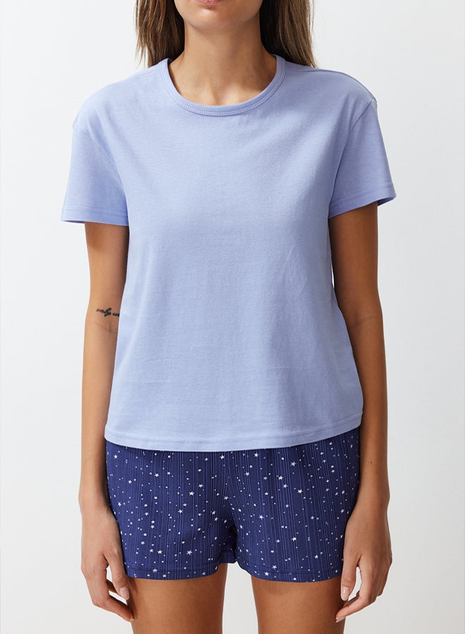 trendyol Blue 100% Cotton Star Patterned Knitted Pajama Set THMSS24PT00202 - Image 4