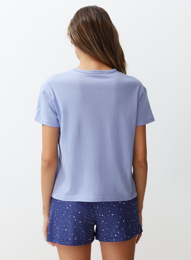 trendyol Blue 100% Cotton Star Patterned Knitted Pajama Set THMSS24PT00202 - Image 5