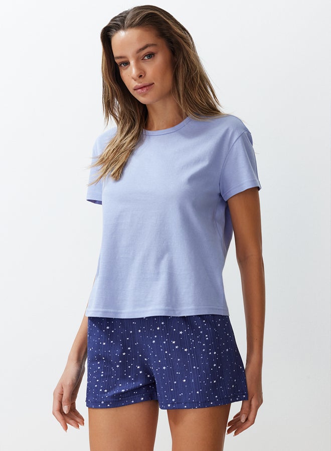 trendyol Blue 100% Cotton Star Patterned Knitted Pajama Set THMSS24PT00202 - Image 2