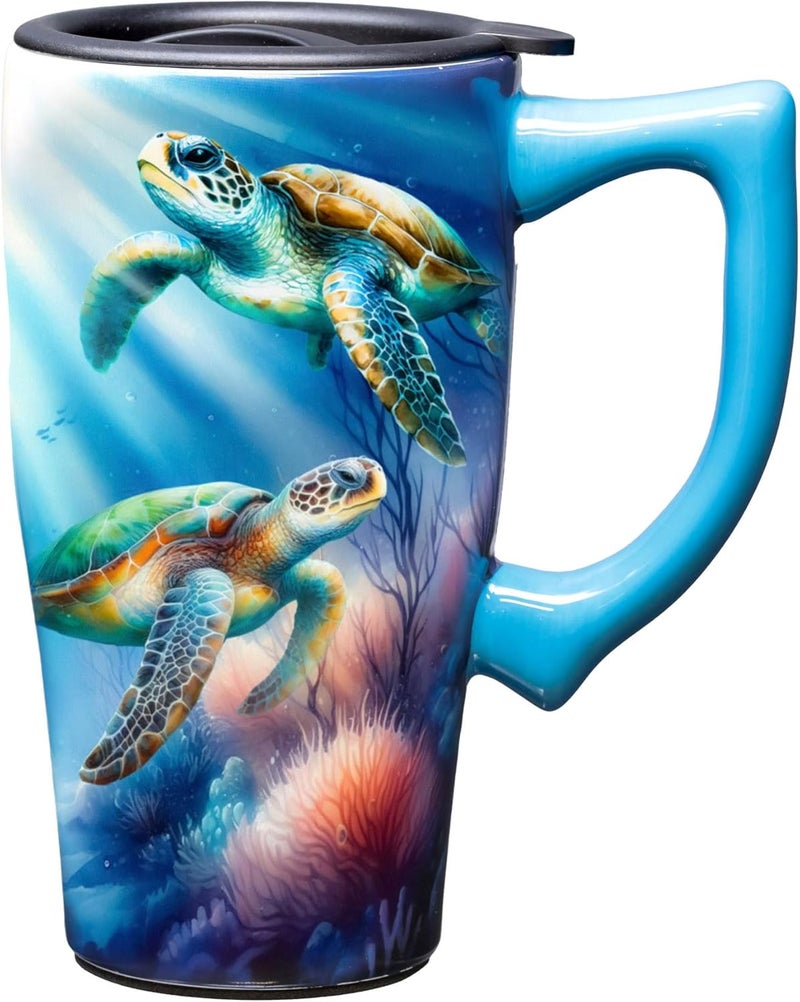 Spoontiques  Ceramic Travel Coffee Mug with Lid and Handle  Spill Proof Lid  Double Walled Mug for Hot and Cold Beverages  Microwave and Dishwasher Safe  Sea Turtle Travel Mug