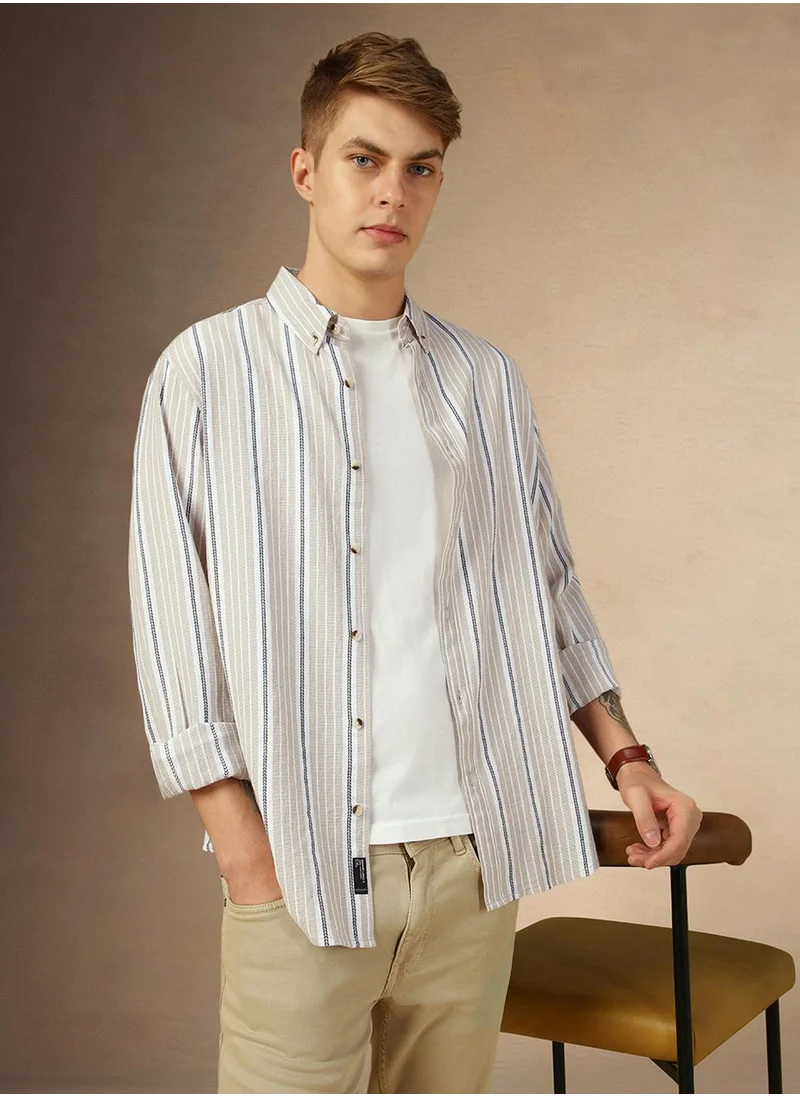 دينيس لينغو Men's Beige 100% Cotton Striped Button Down Relaxed Fit Shirt