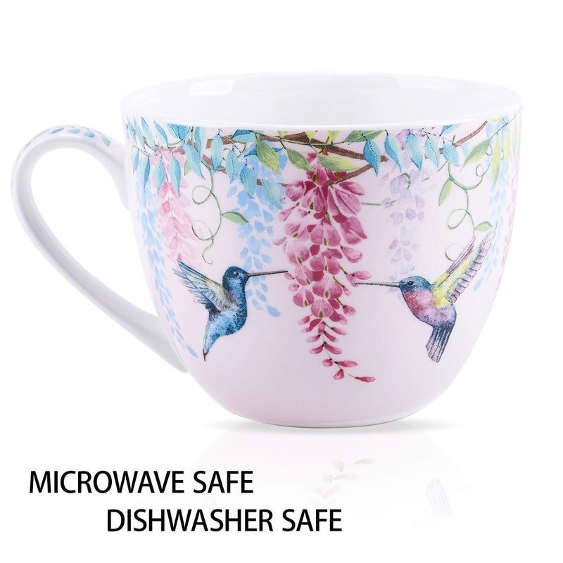 MFoffice Spring Hummingbird Hug Mug - 20oz Pink Bone China Coffee Tea Mug with Floral Vine & Fluttering Hummingbirds, Thoughtful Gift for Nature or Bird Lovers, Designed in England by Harvest Green Studio - Image 4