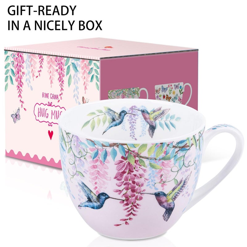 MFoffice Spring Hummingbird Hug Mug - 20oz Pink Bone China Coffee Tea Mug with Floral Vine & Fluttering Hummingbirds, Thoughtful Gift for Nature or Bird Lovers, Designed in England by Harvest Green Studio - Image 3