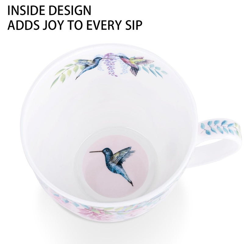MFoffice Spring Hummingbird Hug Mug - 20oz Pink Bone China Coffee Tea Mug with Floral Vine & Fluttering Hummingbirds, Thoughtful Gift for Nature or Bird Lovers, Designed in England by Harvest Green Studio - Image 5