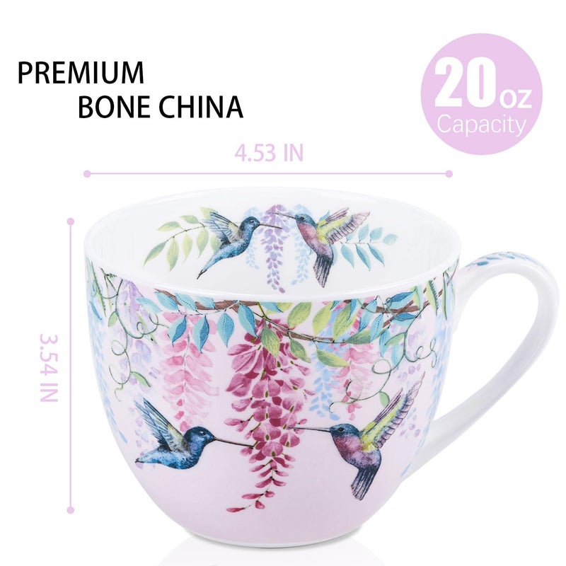 MFoffice Spring Hummingbird Hug Mug - 20oz Pink Bone China Coffee Tea Mug with Floral Vine & Fluttering Hummingbirds, Thoughtful Gift for Nature or Bird Lovers, Designed in England by Harvest Green Studio - Image 2