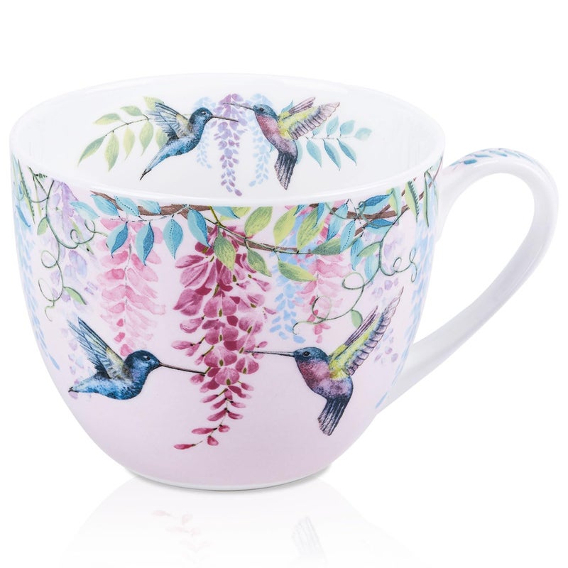 MFoffice Spring Hummingbird Hug Mug - 20oz Pink Bone China Coffee Tea Mug with Floral Vine & Fluttering Hummingbirds, Thoughtful Gift for Nature or Bird Lovers, Designed in England by Harvest Green Studio - Image 1
