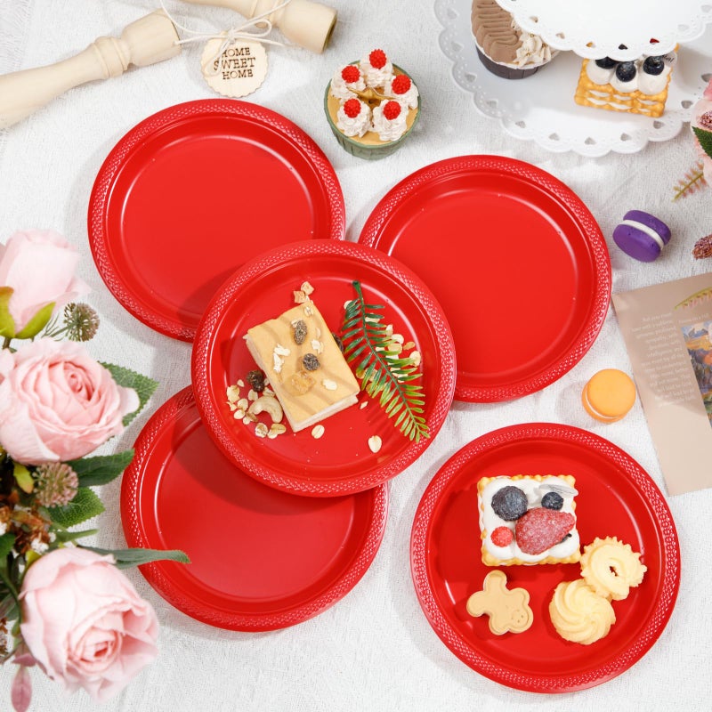 WELLIFE 7 Inch Red Dessert Plates 150 Count  Red Plastic Disposable Party Plates for Dessert Cake Appetizers Salad Easter Mother's Day - Image 3
