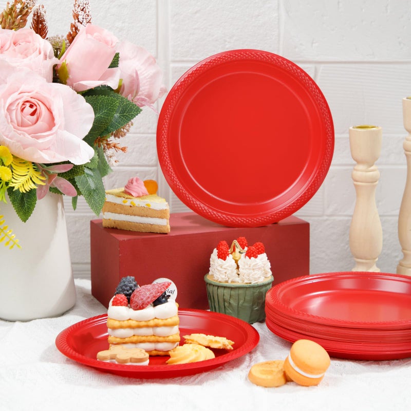 WELLIFE 7 Inch Red Dessert Plates 150 Count  Red Plastic Disposable Party Plates for Dessert Cake Appetizers Salad Easter Mother's Day - Image 2
