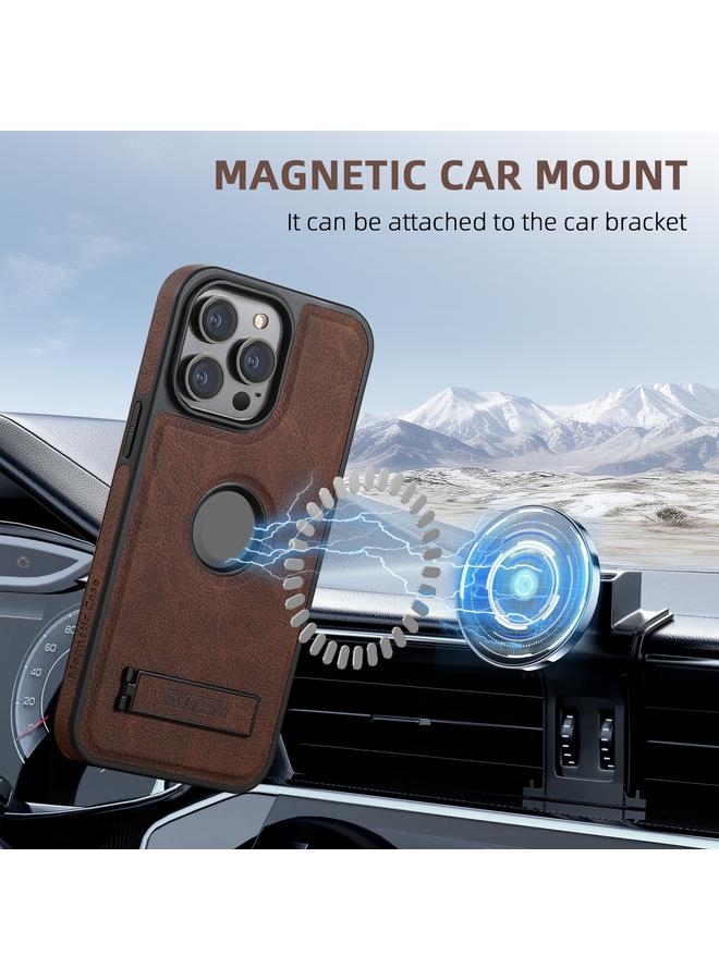 Suteni Case For iPhone 16 Pro Max G2 Magsafe Litchi Texture Leather Back Phone Case with Holder - Image 3