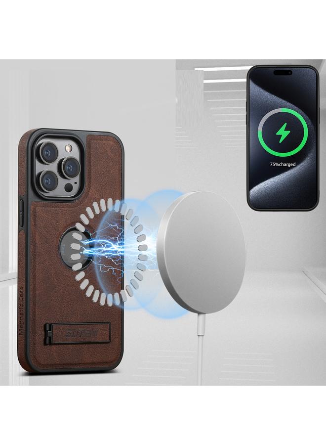 Suteni Case For iPhone 16 Pro Max G2 Magsafe Litchi Texture Leather Back Phone Case with Holder - Image 2