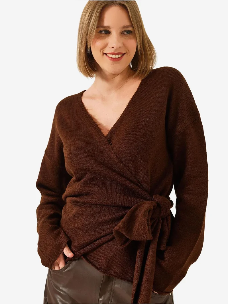 Bianco Lucci LUCCI V-Neck Knit Cardigan with Tie Closure