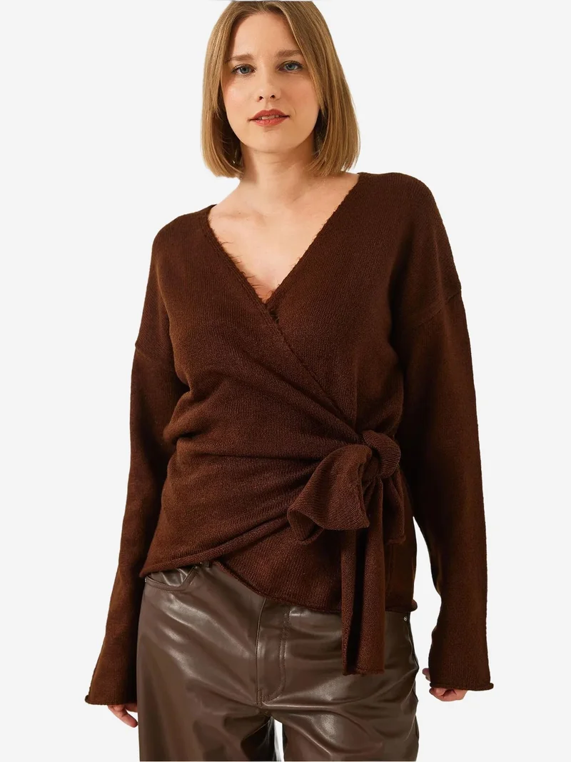 Bianco Lucci LUCCI V-Neck Knit Cardigan with Tie Closure