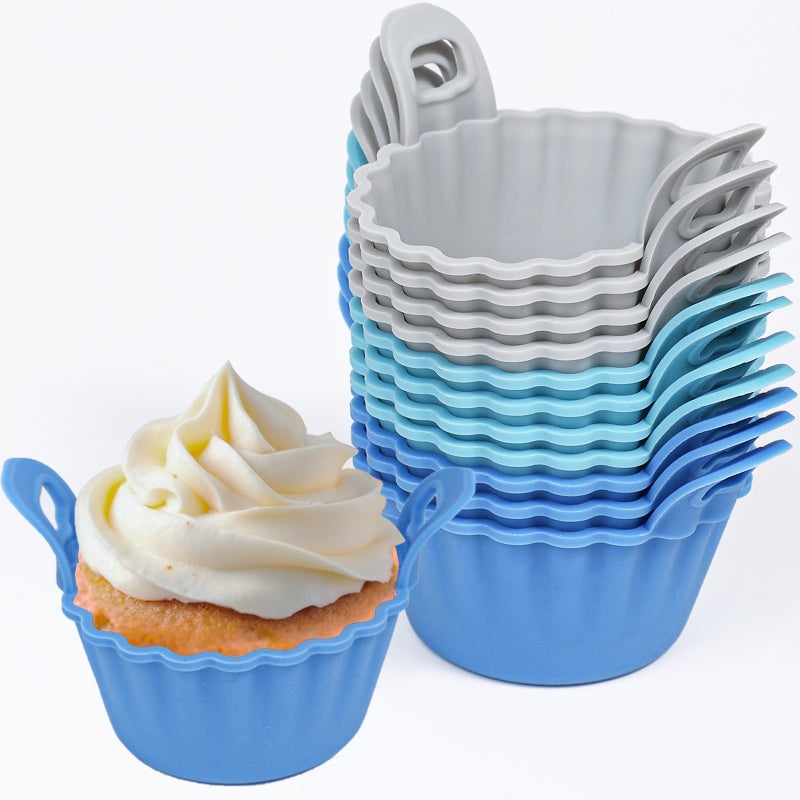 Koluti Nonstick Silicone Muffin Baking Cups Pack of 12, Reusable Cupcake Molds with Double Handle, BPA Free, Mini Round Air Fryer Cupcakes Liner, 3 Colors - Image 1