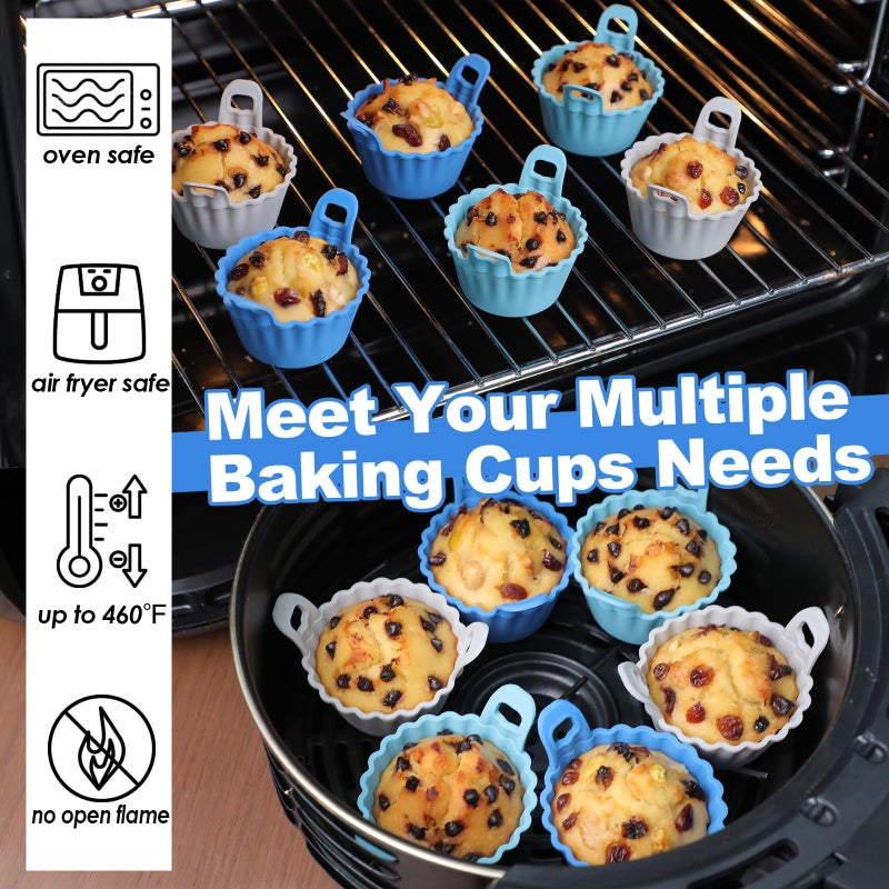 Koluti Nonstick Silicone Muffin Baking Cups Pack of 12, Reusable Cupcake Molds with Double Handle, BPA Free, Mini Round Air Fryer Cupcakes Liner, 3 Colors - Image 3