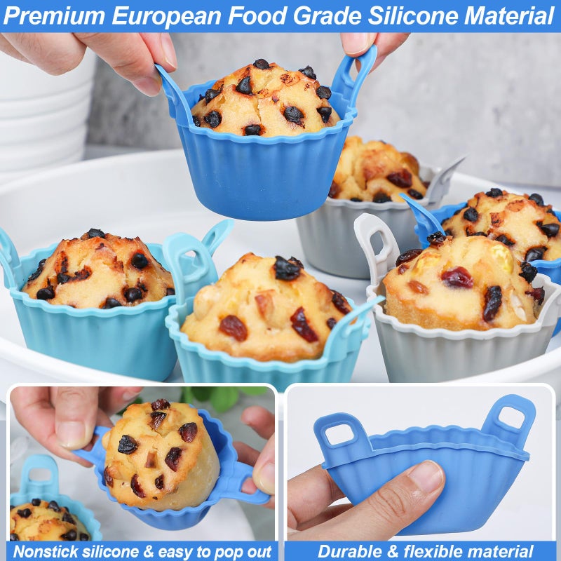 Koluti Nonstick Silicone Muffin Baking Cups Pack of 12, Reusable Cupcake Molds with Double Handle, BPA Free, Mini Round Air Fryer Cupcakes Liner, 3 Colors - Image 4