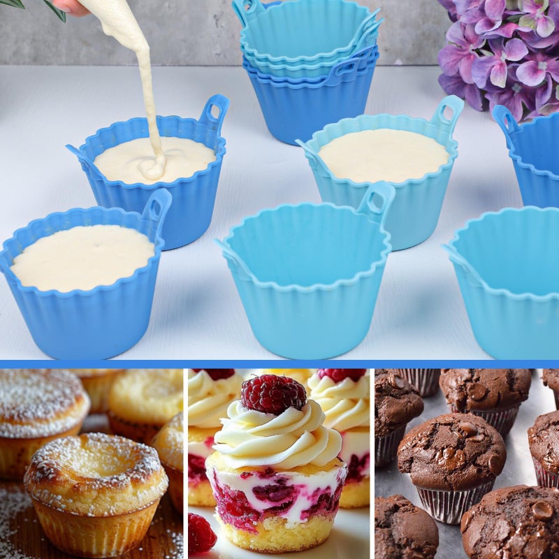 Koluti Nonstick Silicone Muffin Baking Cups Pack of 12, Reusable Cupcake Molds with Double Handle, BPA Free, Mini Round Air Fryer Cupcakes Liner, 3 Colors - Image 5